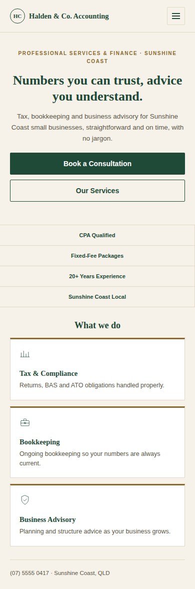 Halden & Co. Accounting mobile website after the Brooks Media redesign, concept project