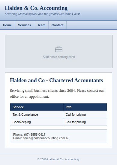 Halden & Co. Accounting mobile website before the redesign, concept project
