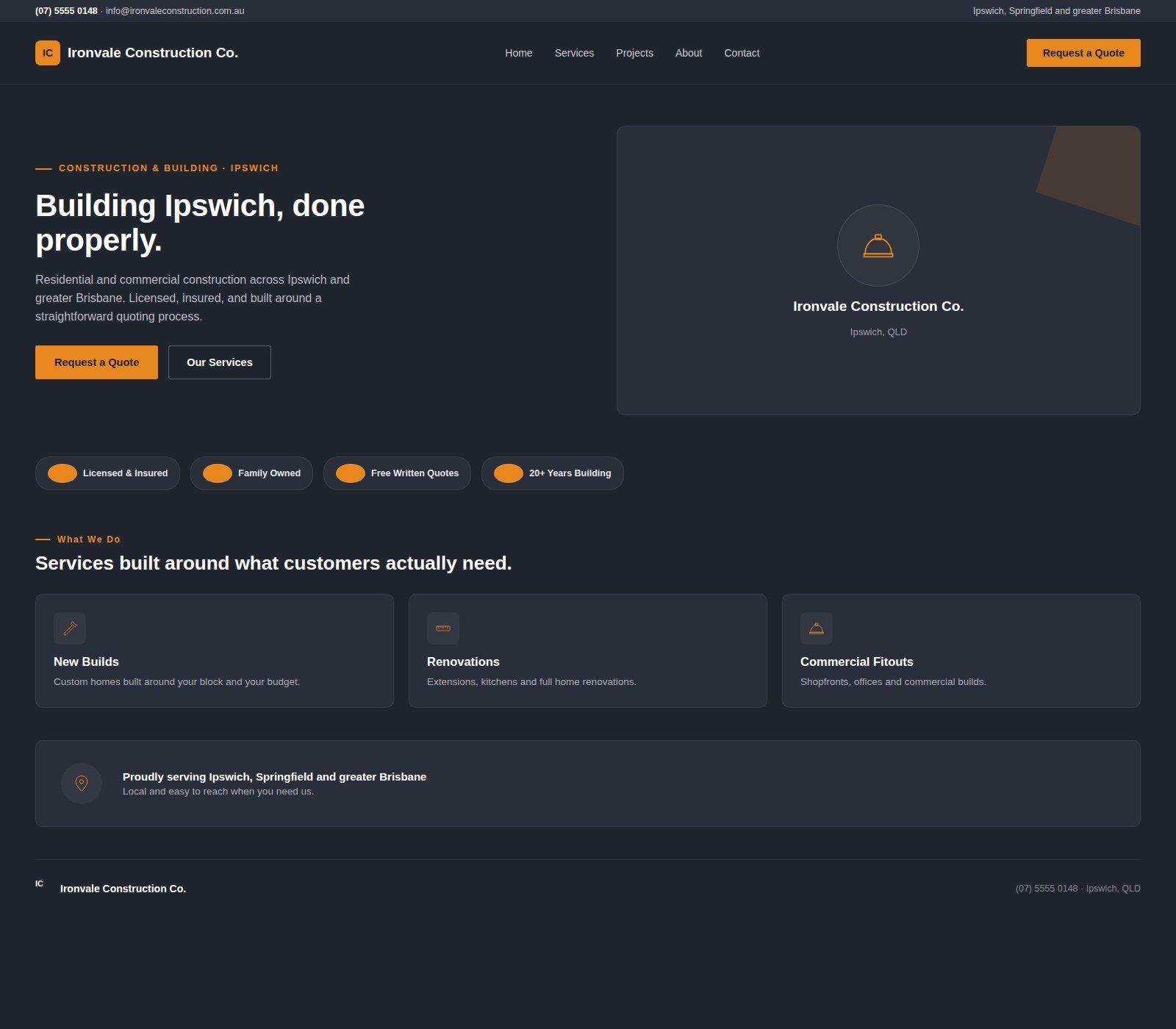 Ironvale Construction Co. website after the Brooks Media redesign, concept project