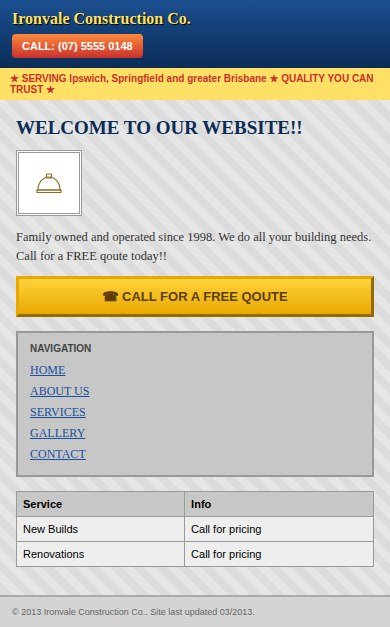 Ironvale Construction Co. mobile website before the redesign, concept project