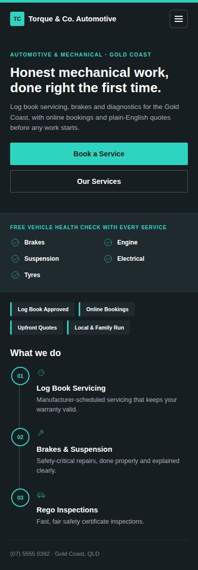 Torque & Co. Automotive mobile website after the Brooks Media redesign, concept project